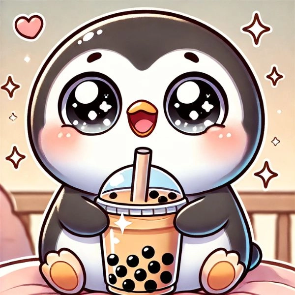 ảnh chim cánh cụt chibi uống trà sữa