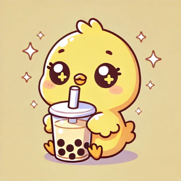 ảnh con gà chibi uống trà sữa