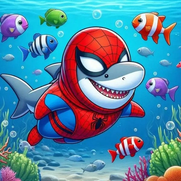 cá mập chibi hoá người nhện
