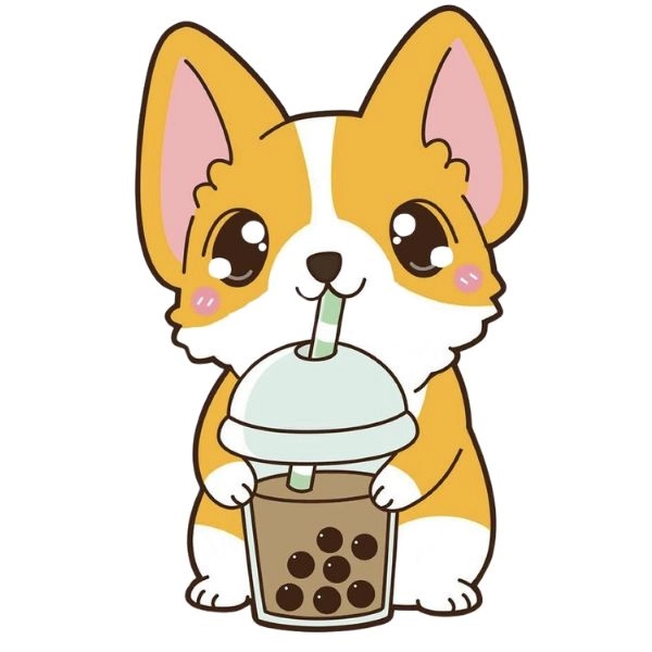 chibi con chó uống trà sữa