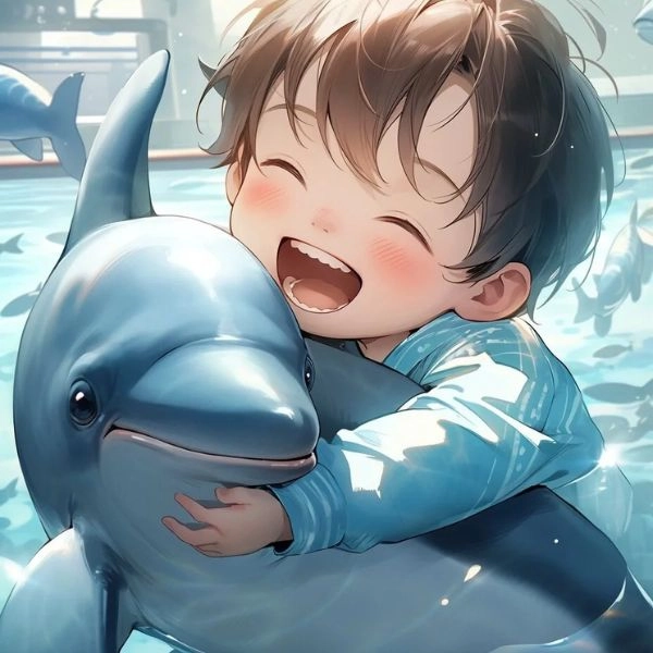 hình ảnh bạn nhỏ ôm cá heo chibi