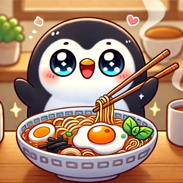 hình chim cánh cụt chibi ăn mì