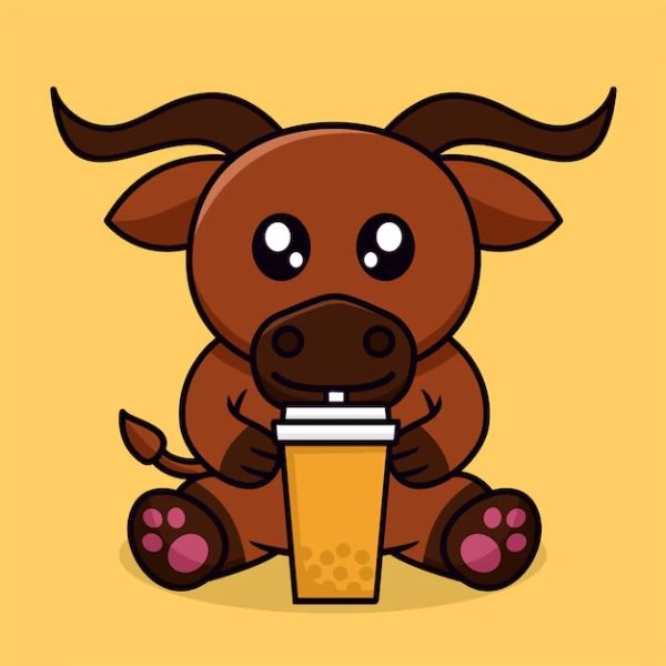 trâu chibi cute uống trà sữa